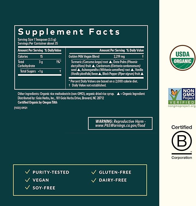 Gaia Herbs Golden Milk Supplement Powder - Made with Organic Turmeric Curcumin, Black Pepper, Ashwagandha, Dates, Cardamom, and Vanilla for an Ayurvedic Cup of Natural Calm - 4.3 Oz (35-Day Supply)
