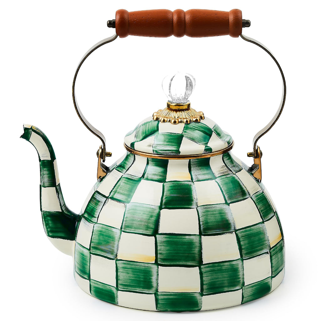 MACKENZIE-CHILDS Tea Kettle, 3 Quarts, Green-and-White Emerald Check