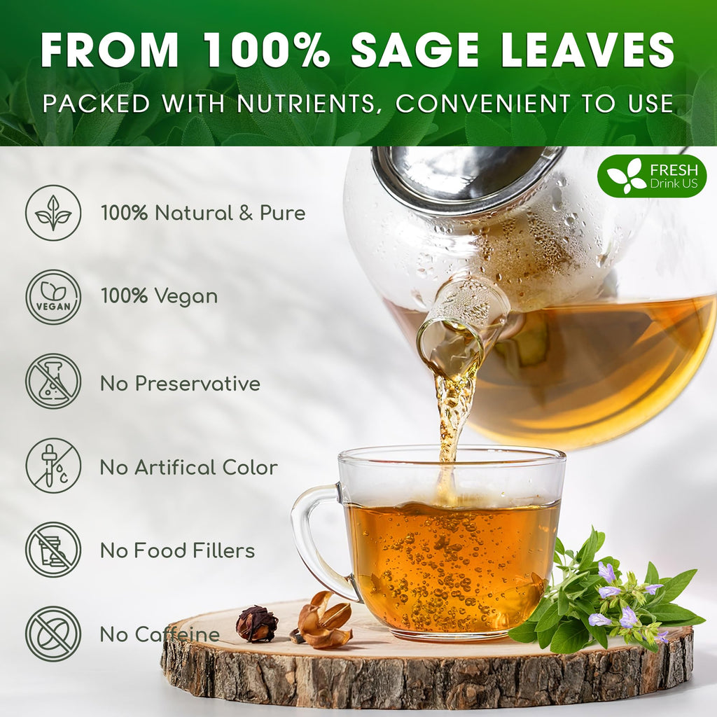 FreshDrinkUS, Premium 35 Sage Leaf Tea Bags, 100% Natural & Pure. Loose Leaf Herbal Tea. Made with Eco-Conscious Tea Bags. No Sugar, No Caffeine, No Gluten, Vegan.
