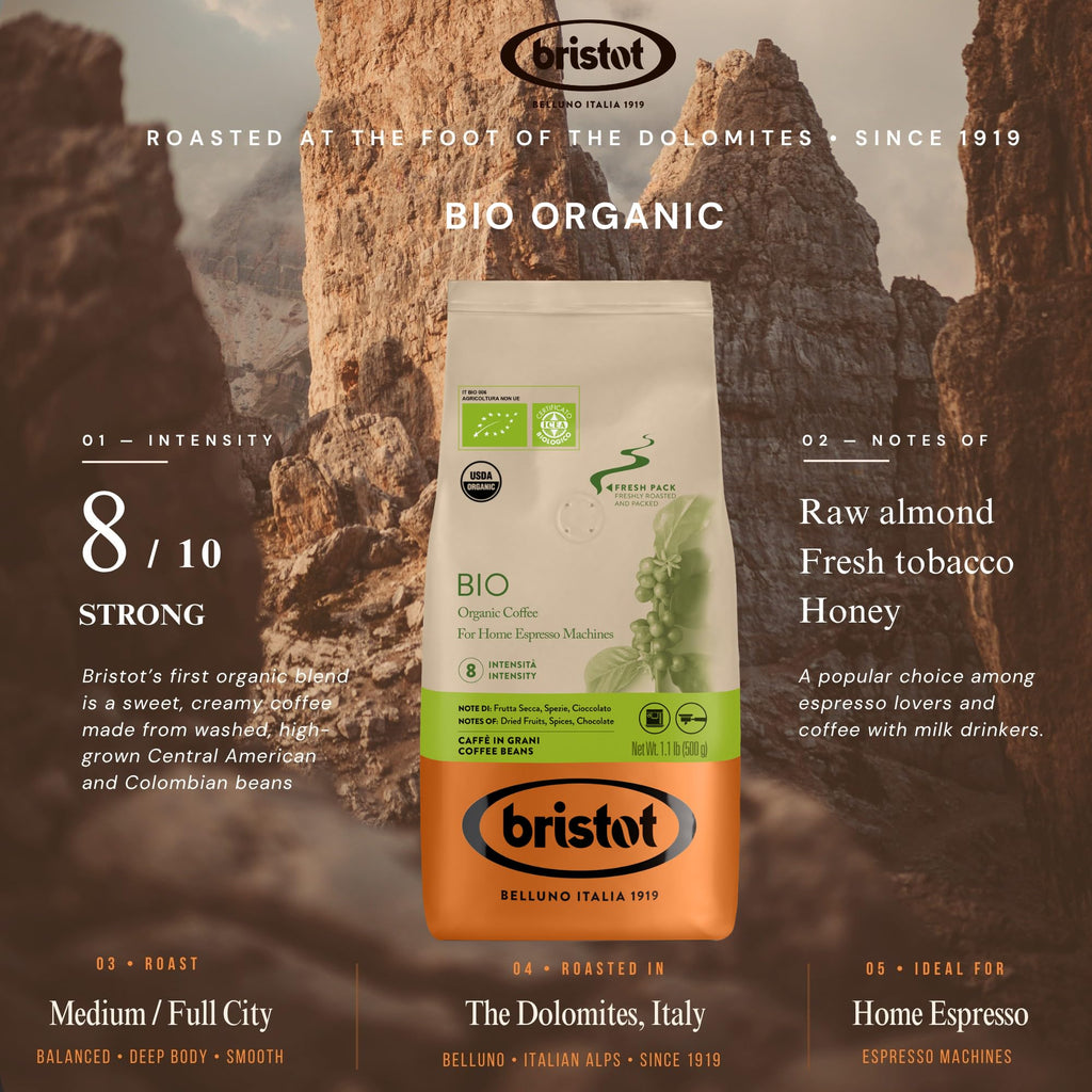 Bristot Bio Organic Italian Espresso Beans – Whole Bean Coffee, Medium Roast – Smooth & Aromatic with Spices, Caramel & Sandalwood Notes – 1.1 lb (500 g), Certified USDA Organic