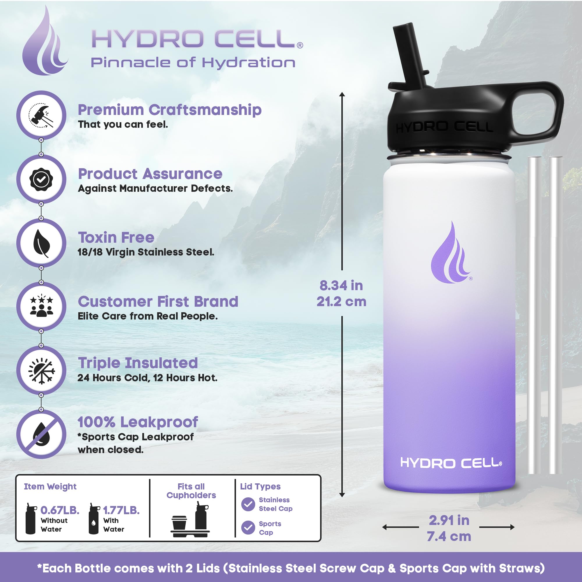HYDRO CELL Stainless Steel Insulated Water Bottle with Straw - For Cold & Hot Drinks - Metal Vacuum Flask with Screw Cap and Modern Leakproof Sport Thermos for Adults (Lavender/White 18oz)