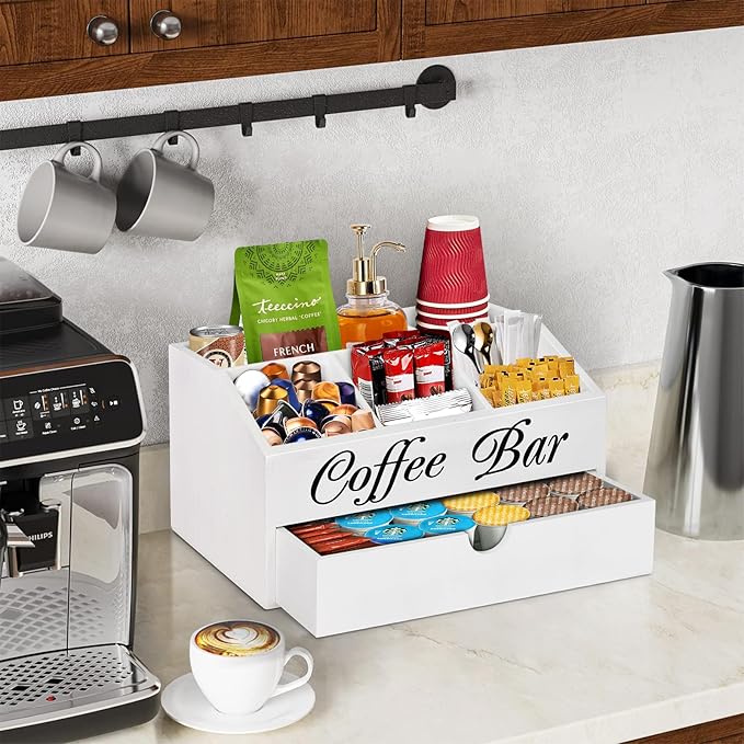Wooden Coffee Bar Organizer Countertop With Drawer, Station Accessories, Pods Holder Storage Basket, Farmhouse Tea Condiment Organizer