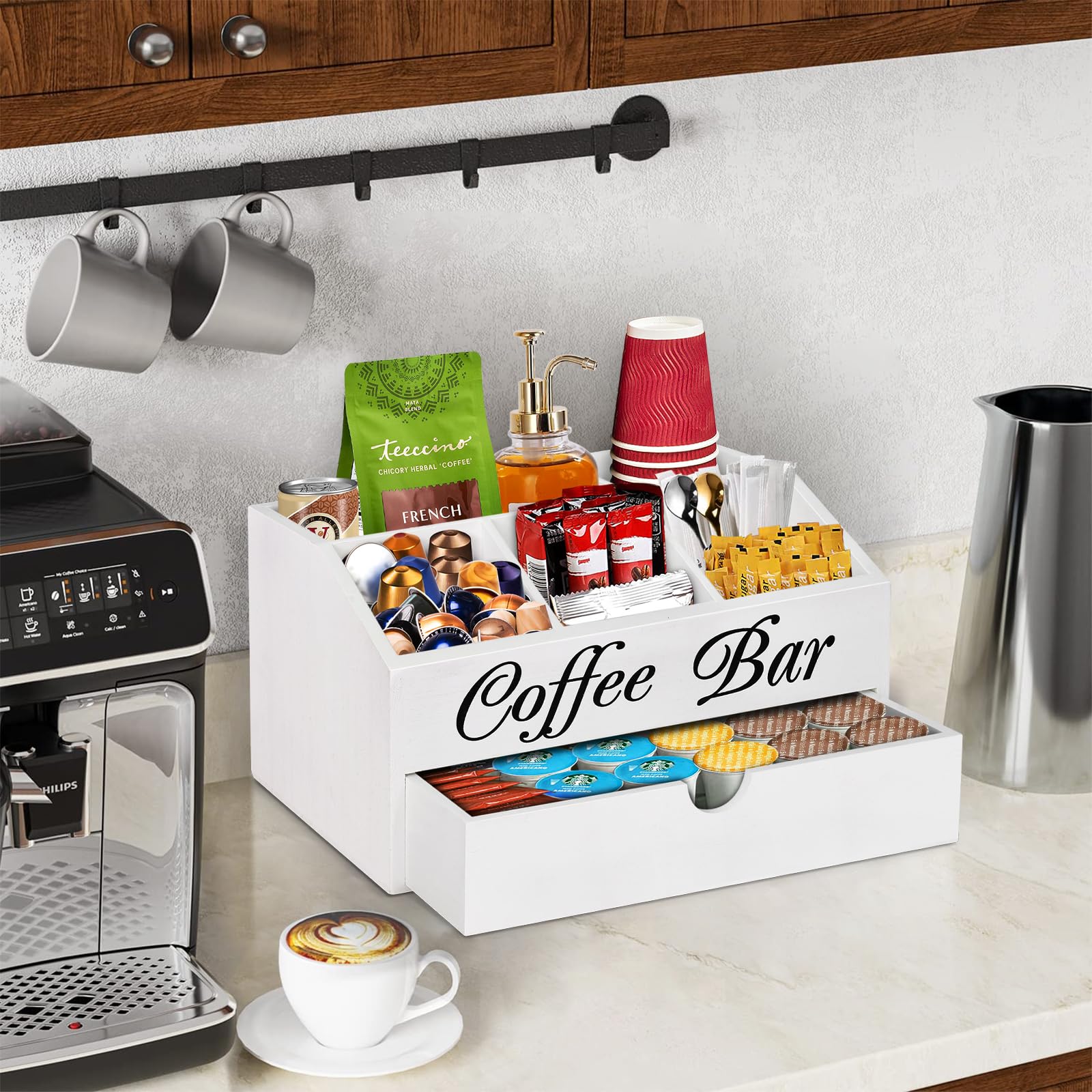 Coffee Bar Organizer Countertop, Wooden Bar Accessories With Drawer, Coffee Station Organizer Pods Holder Storage Basket, Farmhouse Tea Condiment Station
