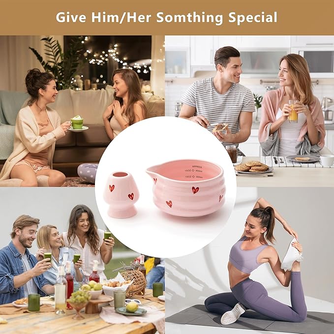2pcs Matcha Bowl with Whisk Holder, Ceramic Pink Matcha Bowl with Spout, 16.5OZ Porcelain Bowl with Measurement Marks, Tea Mixing Bowl with Whisk Stand, Cute Matcha Gift Set (pink love)