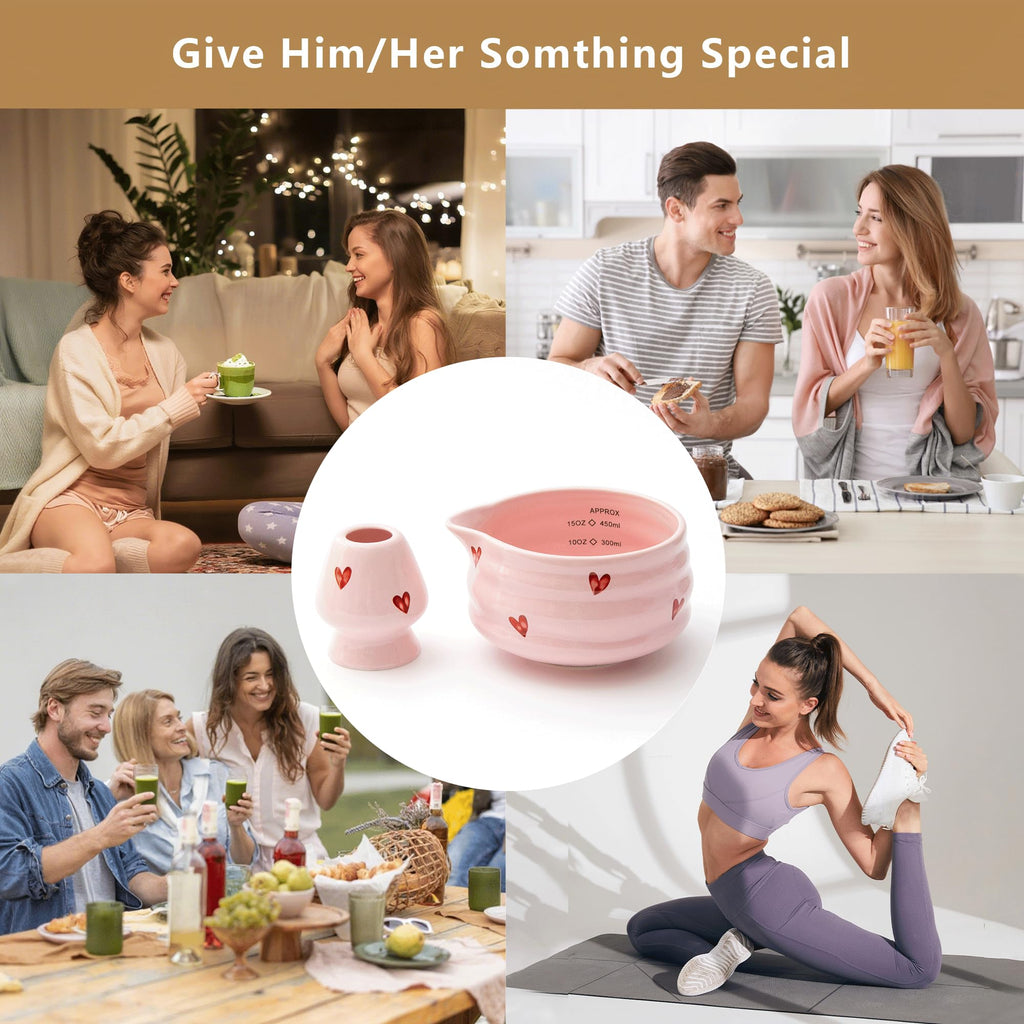YumiPLUS 2pcs Matcha Bowl with Whisk Holder, Ceramic Pink Matcha Bowl with Spout, 16.5OZ Porcelain Bowl with Measurement Marks, Tea Mixing Bowl with Whisk Stand, Cute Valentine Gift (pink love)