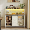 VASAGLE Coffee Bar Cabinet with Power Outlet and Voice Control LED Light, Buffet Cabinet with Sliding Barn Doors, S Hooks, Wine Glass Racks, Bottle Holders, Rustic White and Honey Brown ULSC201W01