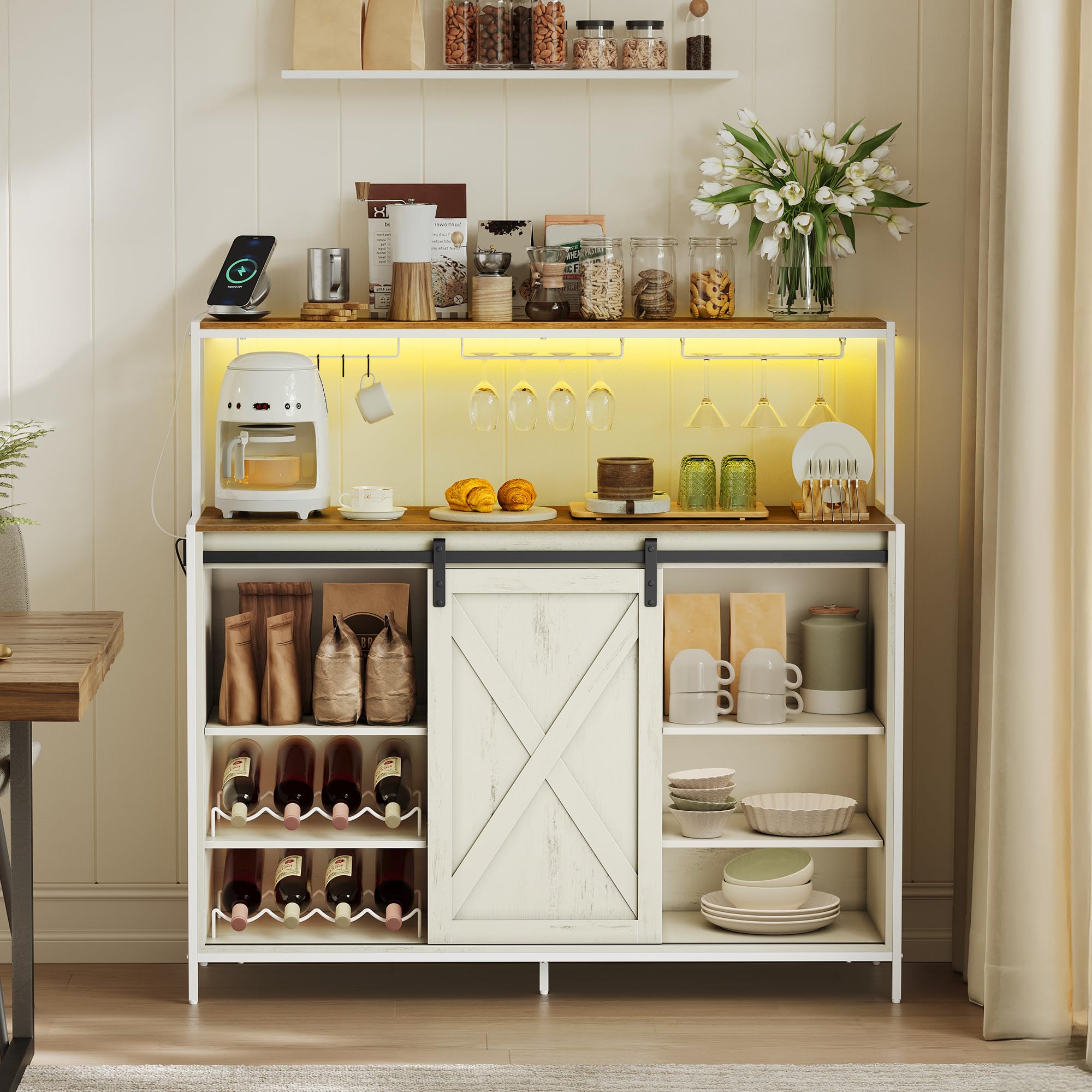 VASAGLE Coffee Bar Cabinet with Power Outlet and Voice Control LED Light, Buffet Cabinet with Sliding Barn Doors, S Hooks, Wine Glass Racks, Bottle Holders, Rustic White and Honey Brown ULSC201W01