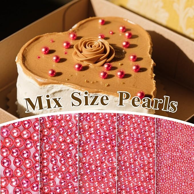 Twisweet Rose Gold Pearl Sprinkles for Cake Decorating, Edible Sugar Pearls for Baking, Mix Size, Cake Topper Cupcake Cookie Ice Cream Dessert Decorations, Valentine Mother's Day Birthday Wedding Party Supplies(130g/4.58oz)