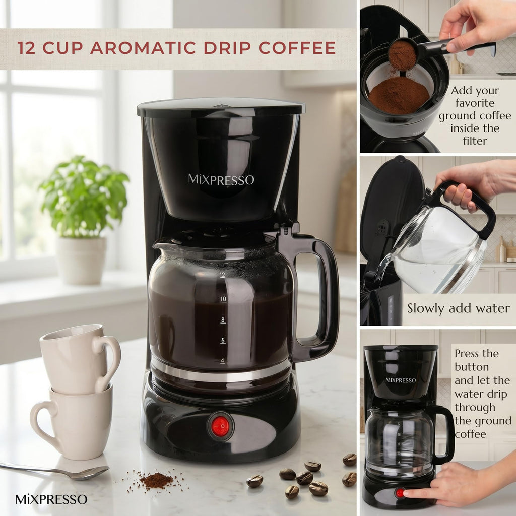 Mixpresso 12 Cup Drip Coffee Maker, Coffee Pot with Reusable Filter, Black