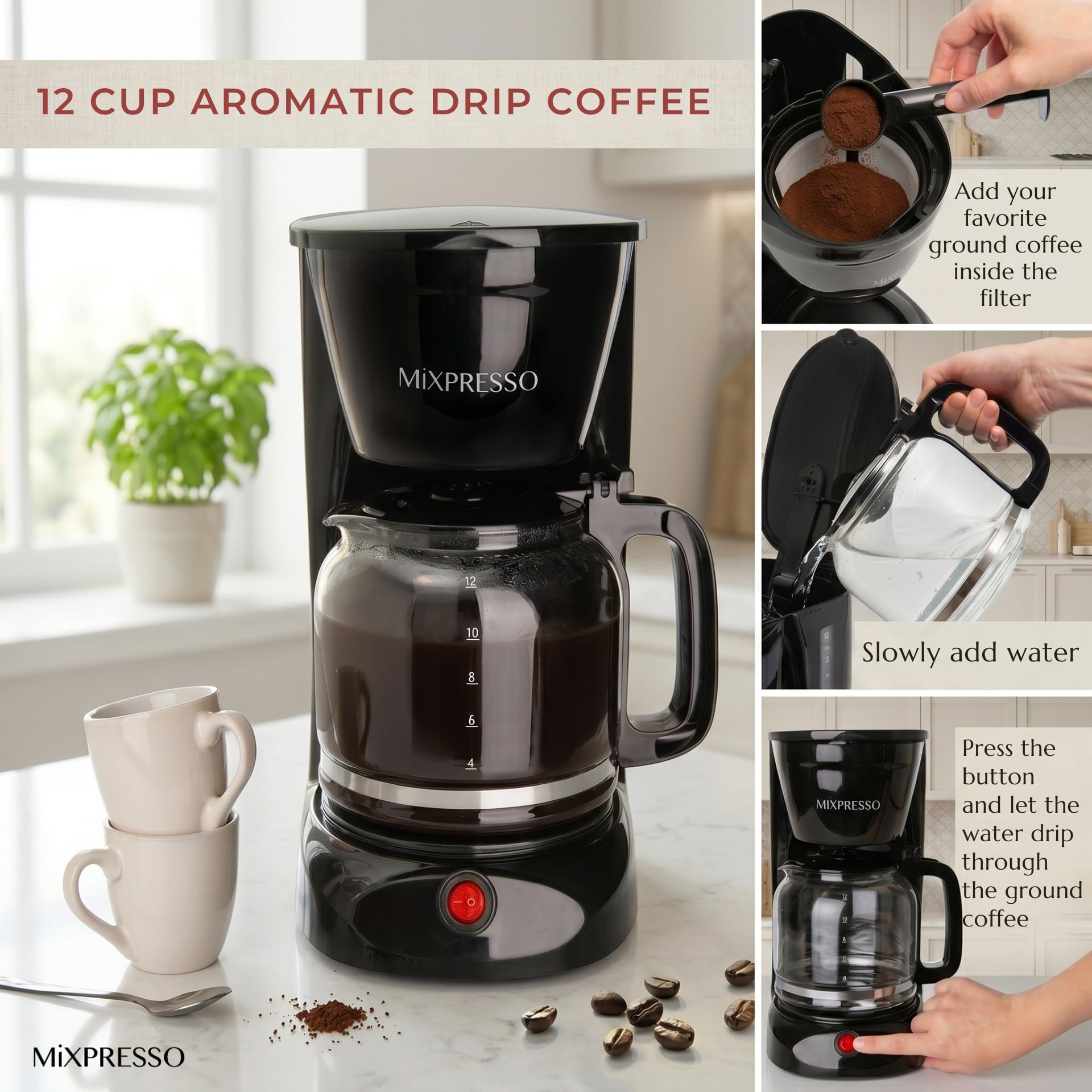 Mixpresso 12 Cup Drip Coffee Maker, Coffee Pot with Reusable Filter, Black