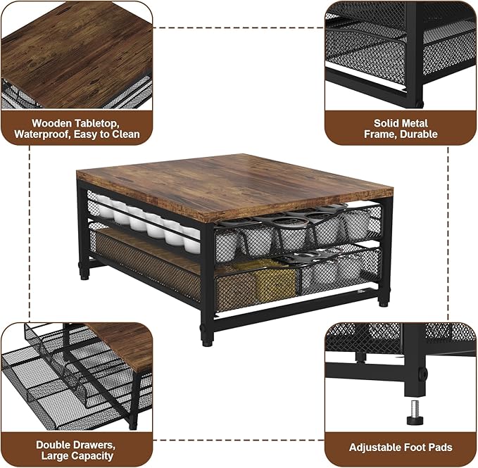 VyGrow Coffee Pod Holder For Counter, Wooden K Cup Holder with Double Layer Sliding Drawer, Large Capacity Coffee Pod Storage for Coffee Station, Home, Office, Kitchen