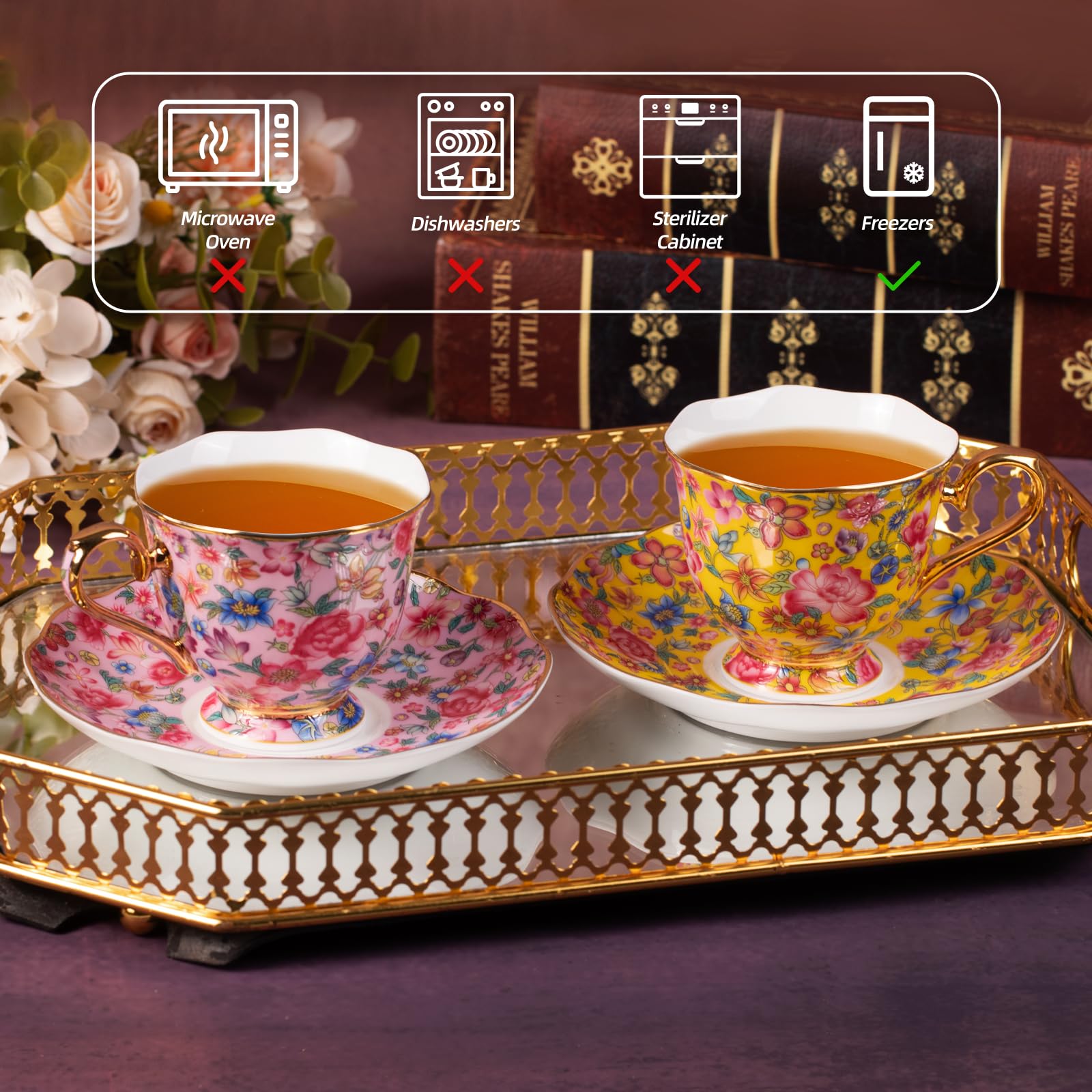 KAMMAK Tea Cup and Saucer, Ceramic Coffee Cups, 6.3 oz, Set of 2