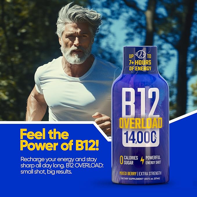 B12 Overload Extra Strength Energy Shot – Mixed Berry – 260mg Caffeine, 14000% B12, Electrolytes – Energy & Vitality Support – Zero Sugar No Calories – Vegan, Kosher, Gluten-Free – 1.93 fl oz, 24-Pack