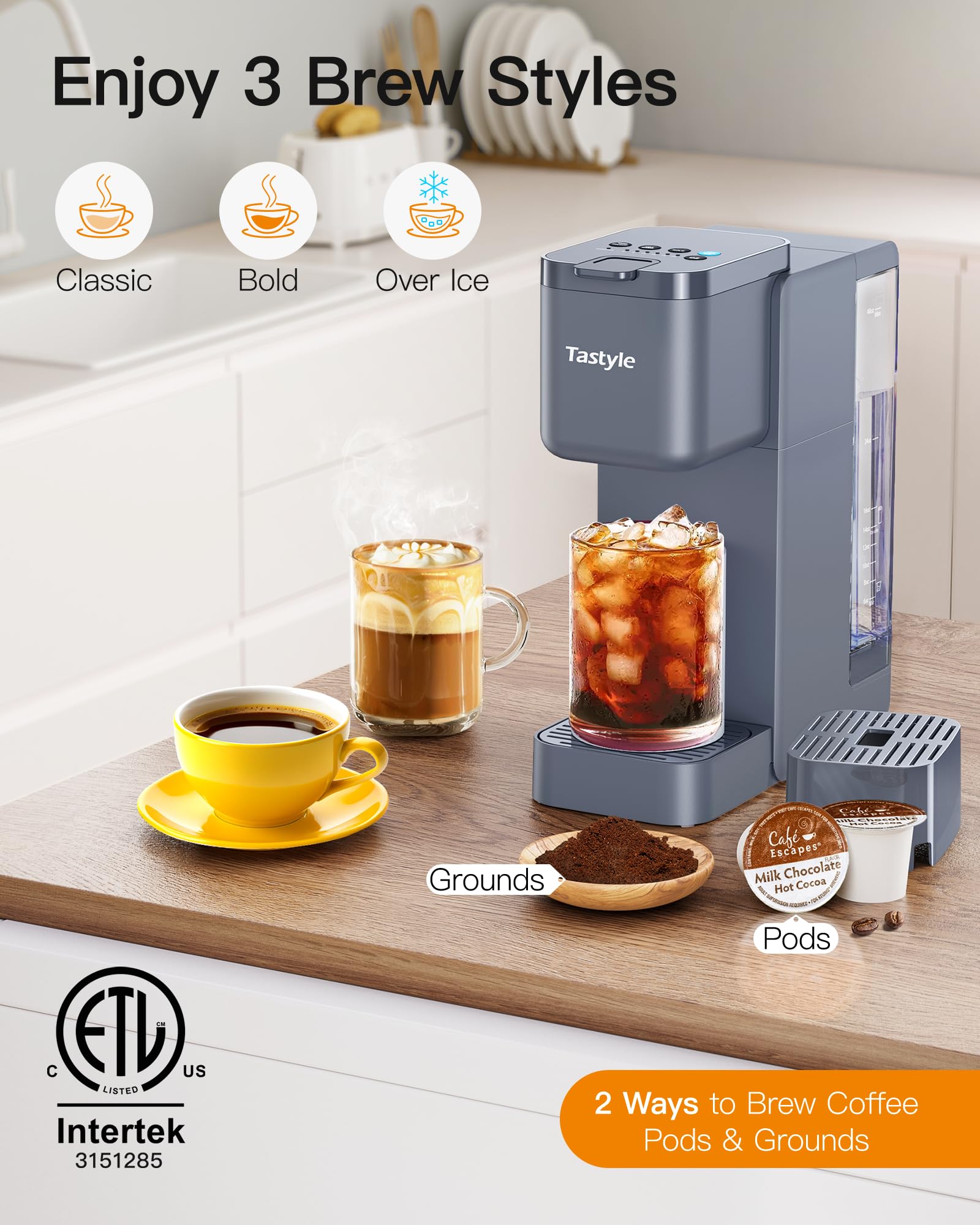 Tastyle Single Serve Hot & Iced Coffee Maker with Strong Brew, 40oz Removable Reservoir, 6 Brew Sizes, Compatible with K Cup and Grounds, Compact for Home, Office, RV and Dorm, Gray (2.0 Version)