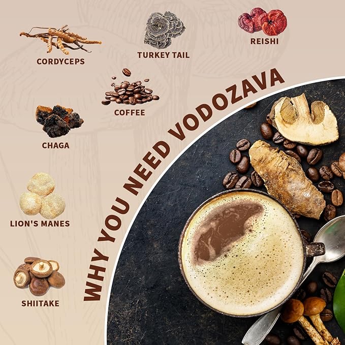Instant Mushroom Coffee Powder Espresso Cafe Extract with Chaga Lions Mane Turkey Tail Shiitake Cordyceps Reishi 20 Servings