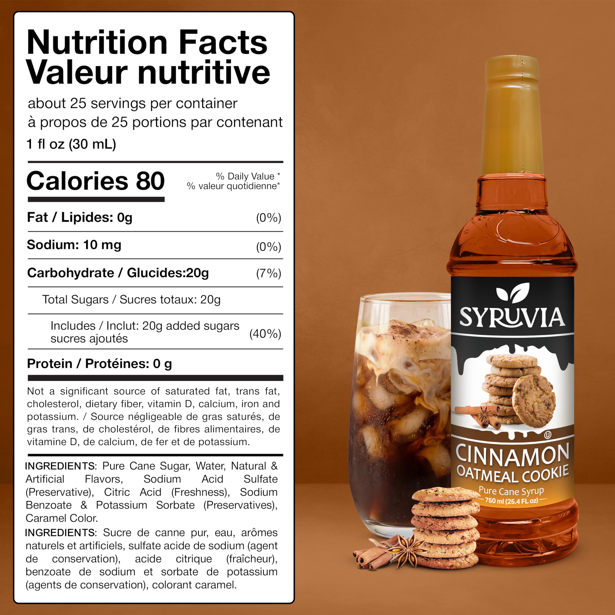 Syruvia Coffee Syrup, Cinnamon Oatmeal Cookie Flavored Syrup for Drinks, Lattes, and Desserts – 25.4 fl oz