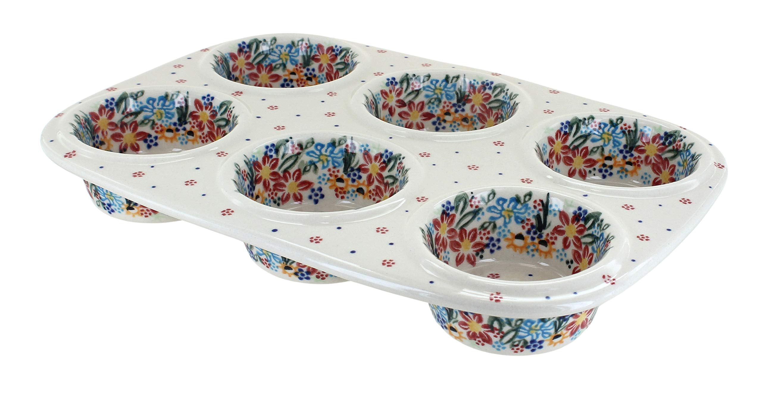 Blue Rose Polish Pottery - Red Tara Muffin Pan - 12" x 8" - Ceramic Baking Dish, 6-Cup Muffin & Cupcake Pan