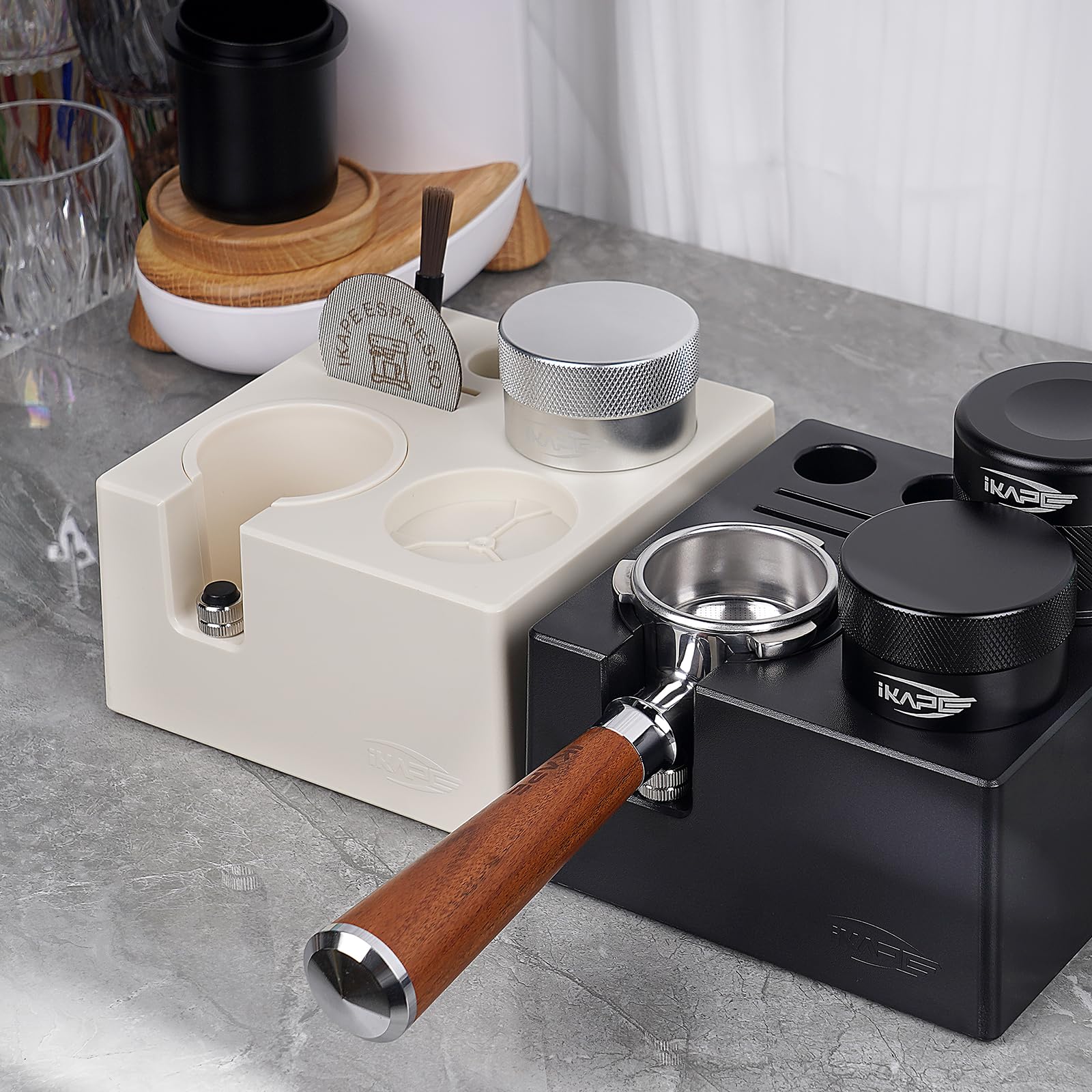 IKAPE ABS Espresso Knock Box, 7 in 1 Coffee Organizer Box Fit for Storage 51, 54, 58MM Espresso Tamper, Distributor, Portafilter & Puck Screen Accessories(White)