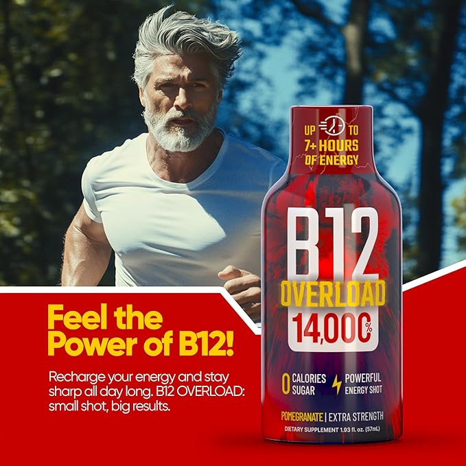 B12 Overload Extra Strength Energy Shot – Pomegranate – 260mg Caffeine, 14000% B12, Electrolytes – Energy & Vitality Support – Zero Sugar No Calories – Vegan, Kosher, Gluten-Free – 1.93 fl oz, 24-Pack