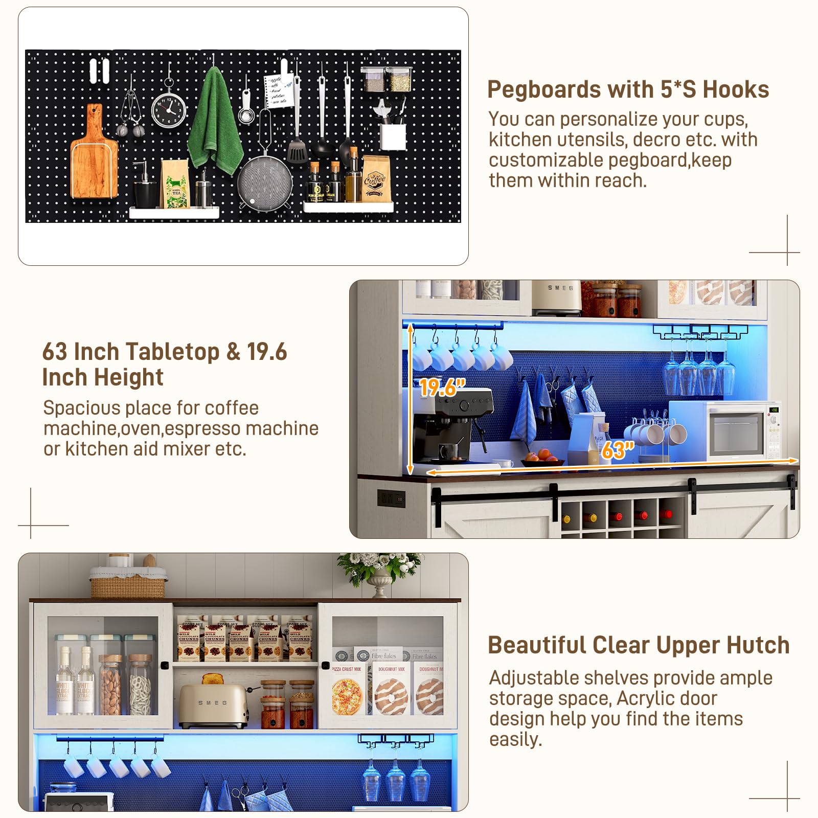 74" Tall 63" Wide Large Coffee Bar Cabinet w/Outlet,6000-color LED Light,Pegboard,Farmhouse Hutch Cabinet w/Barn Door,2 Big Drawers,Adjustable Shelves,10 Wine & Glasses Rack,5 Hook for Kitchen