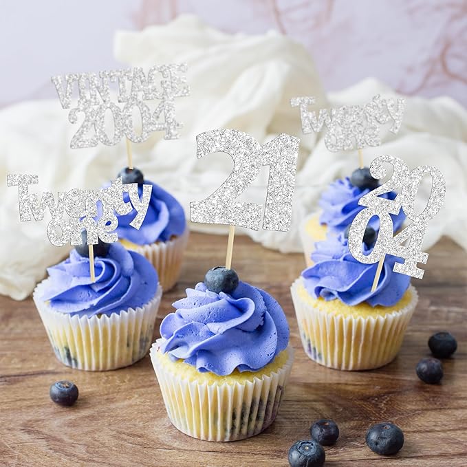 Gyufise 24Pcs 21st Birthday Cupcake Toppers Glitter Twenty-one Vintage 2004 Hello 21 Years Birthday Cupcake Picks Cheers to 21 Cake Decor for Happy 21st Anniversary Party Supplies Silver