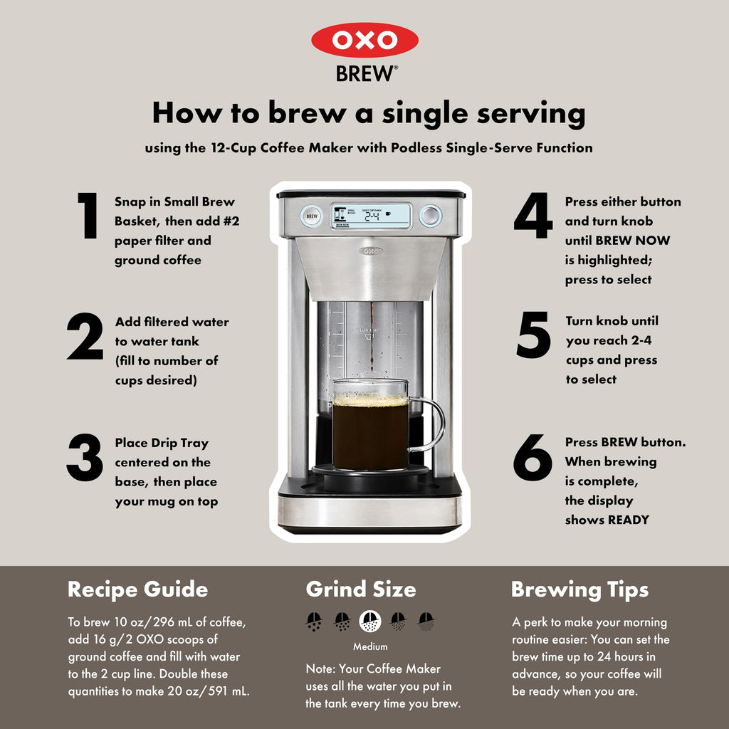 OXO Brew 12-Cup Coffee Maker With Podless Single-Serve Function,Silver