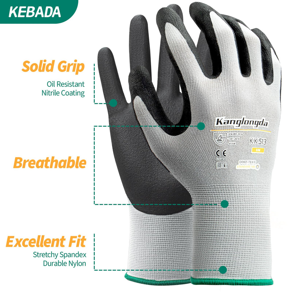 Kebada Work Gloves for Men and Women, Sandy Nitrile Coated, 3 Pairs