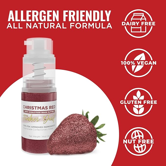 Bakell - Christmas Red Tinker Dust (4g, 1x Mini Spray Pump) Edible Glitter for Food, Desserts, and Beverages!