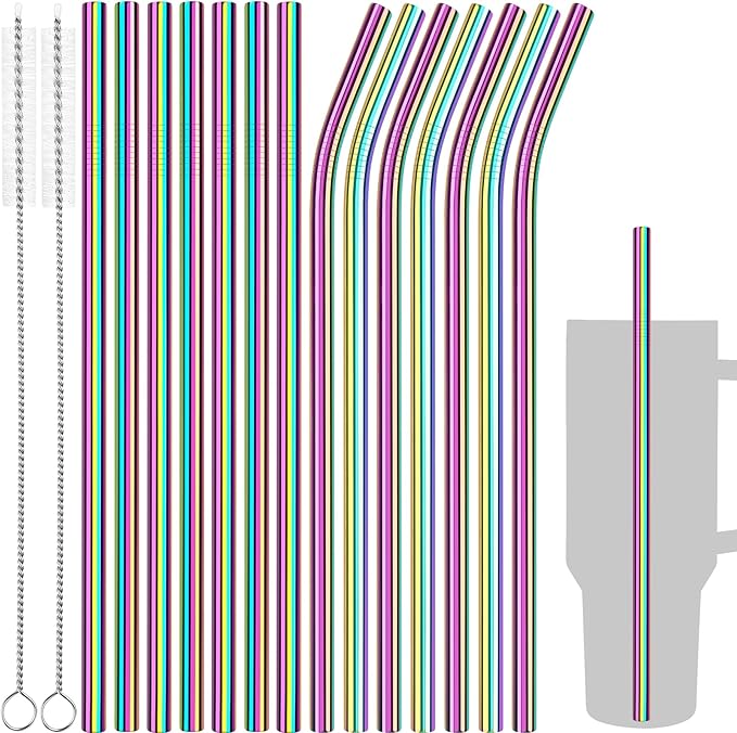 Tomorotec 11 Inch Stainless Steel Reusable Drinking Straws 14PCS & 2 Cleaning Brushes Set with Curved & Straight Designs, Compatible with 30oz Stanley Tumblers, Dishwasher Safe, BPA-Free (Metallic)