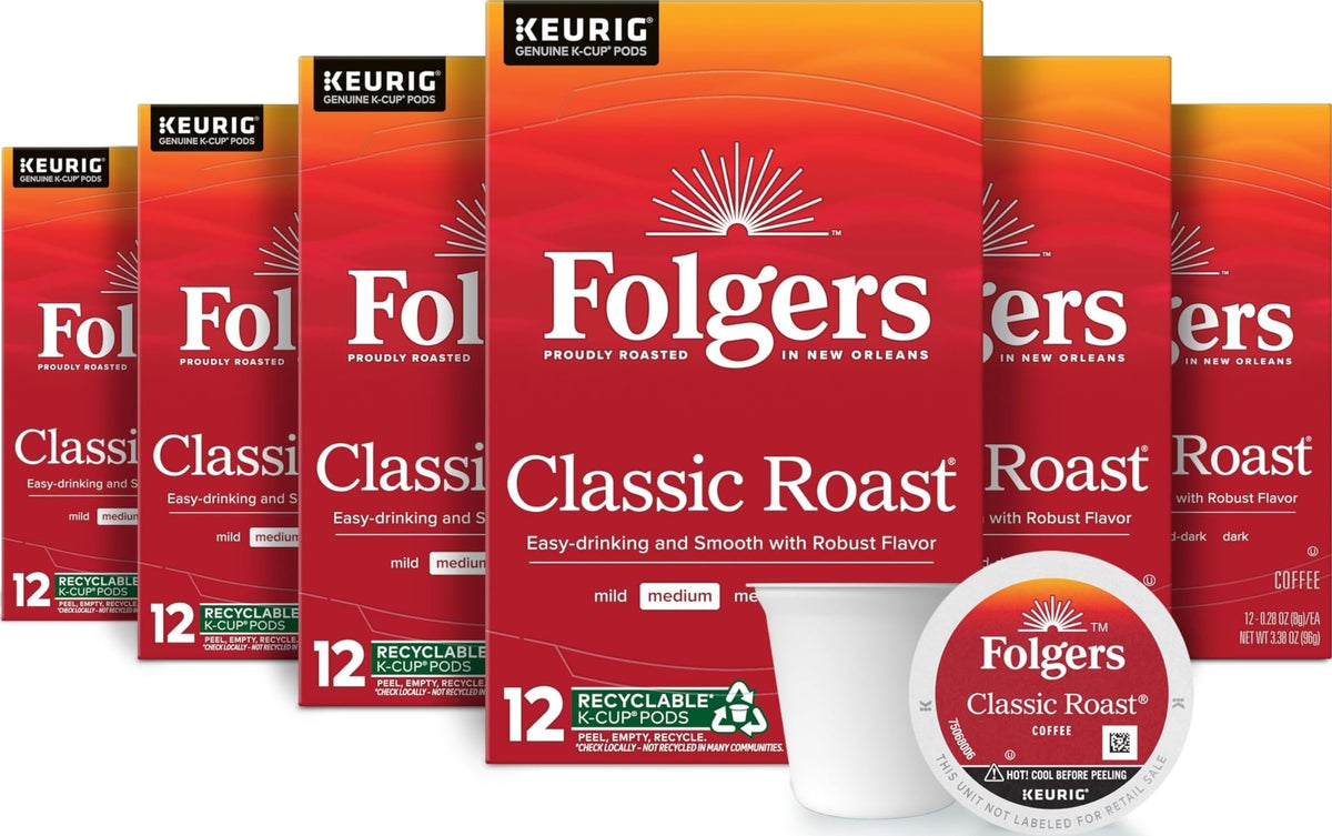 Folgers Classic Roast Coffee, Medium Roast, Keurig K-Cup Pods, 72 Count