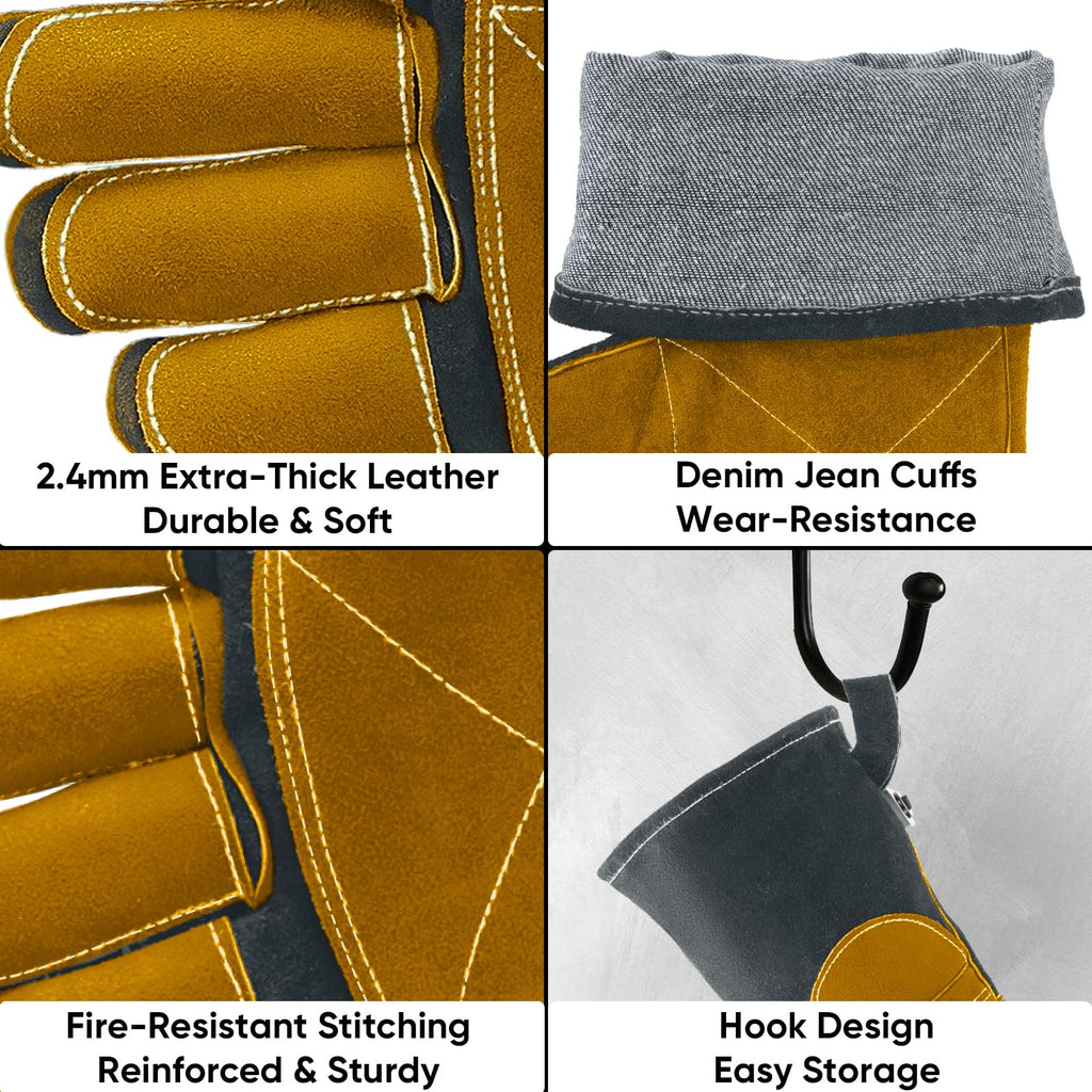TICONN 16 Inch Welding Gloves, 1000°F Heat-Resistant Fireproof Leather Gloves for Welders, Stick, Forge, Mig, Tig, BBQ, Baking, Oven (Grey/Yellow, XXL)