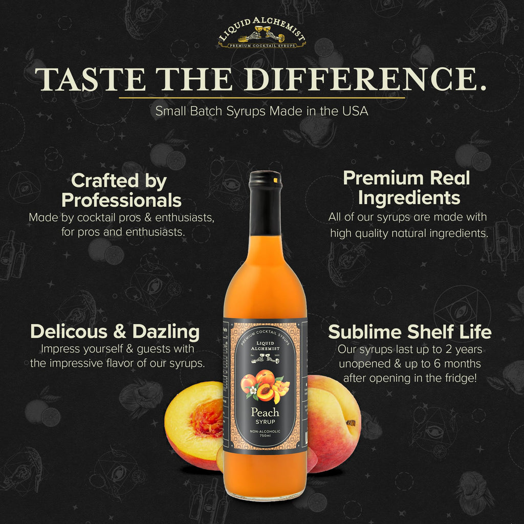 Liquid Alchemist Peach Syrup for Cocktails | Real Ingredients Make our Peach Syrup for Drinks a Perfect Bellini Mix | Small Batch, Non-GMO & Vegan | 25.4 oz Drink Mixer, Pack of 1