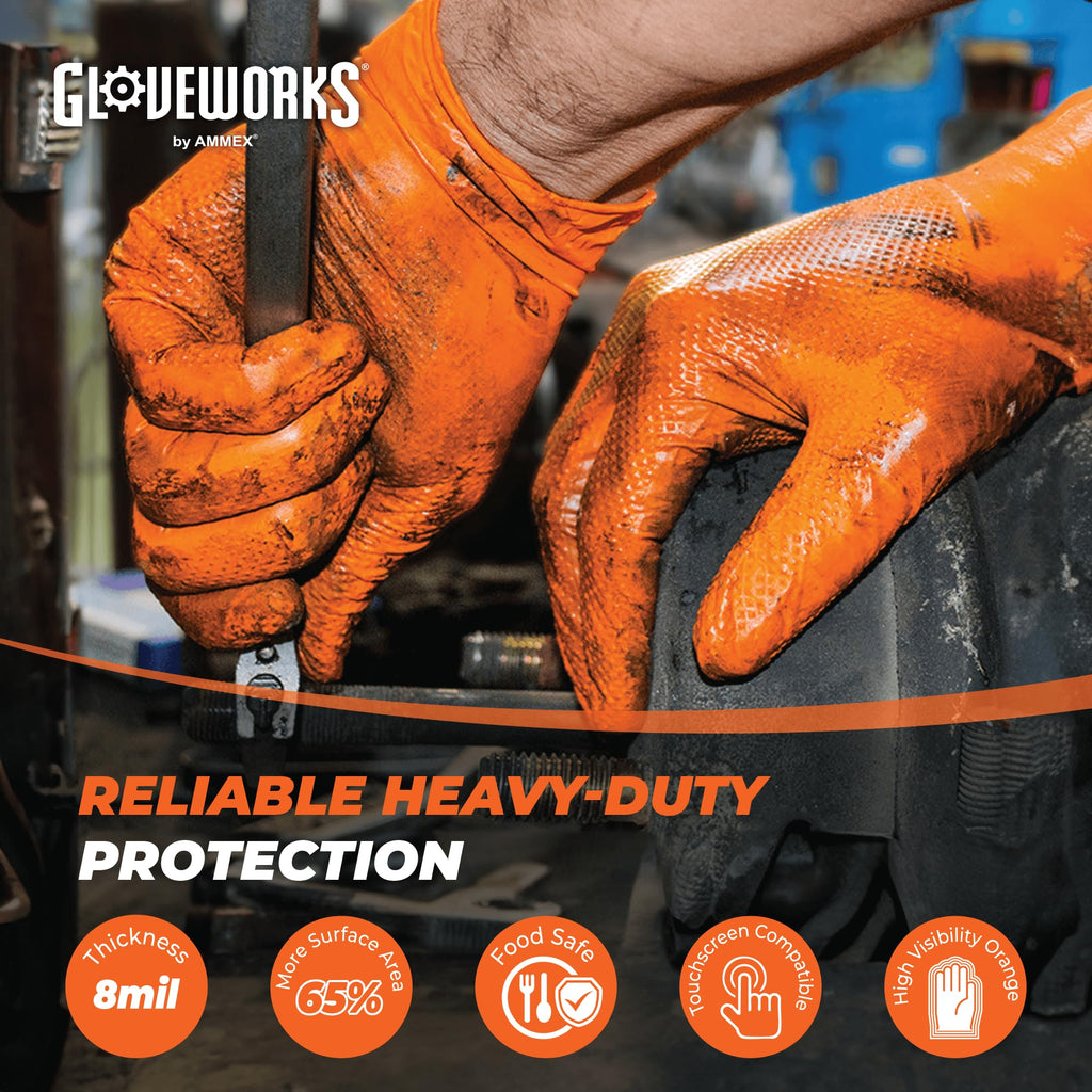 GLOVEWORKS Orange Nitrile Work Gloves, 8 Mil Disposable Heavy Duty, Raised Diamond Grip Mechanic Glove, Small, Case of 1000