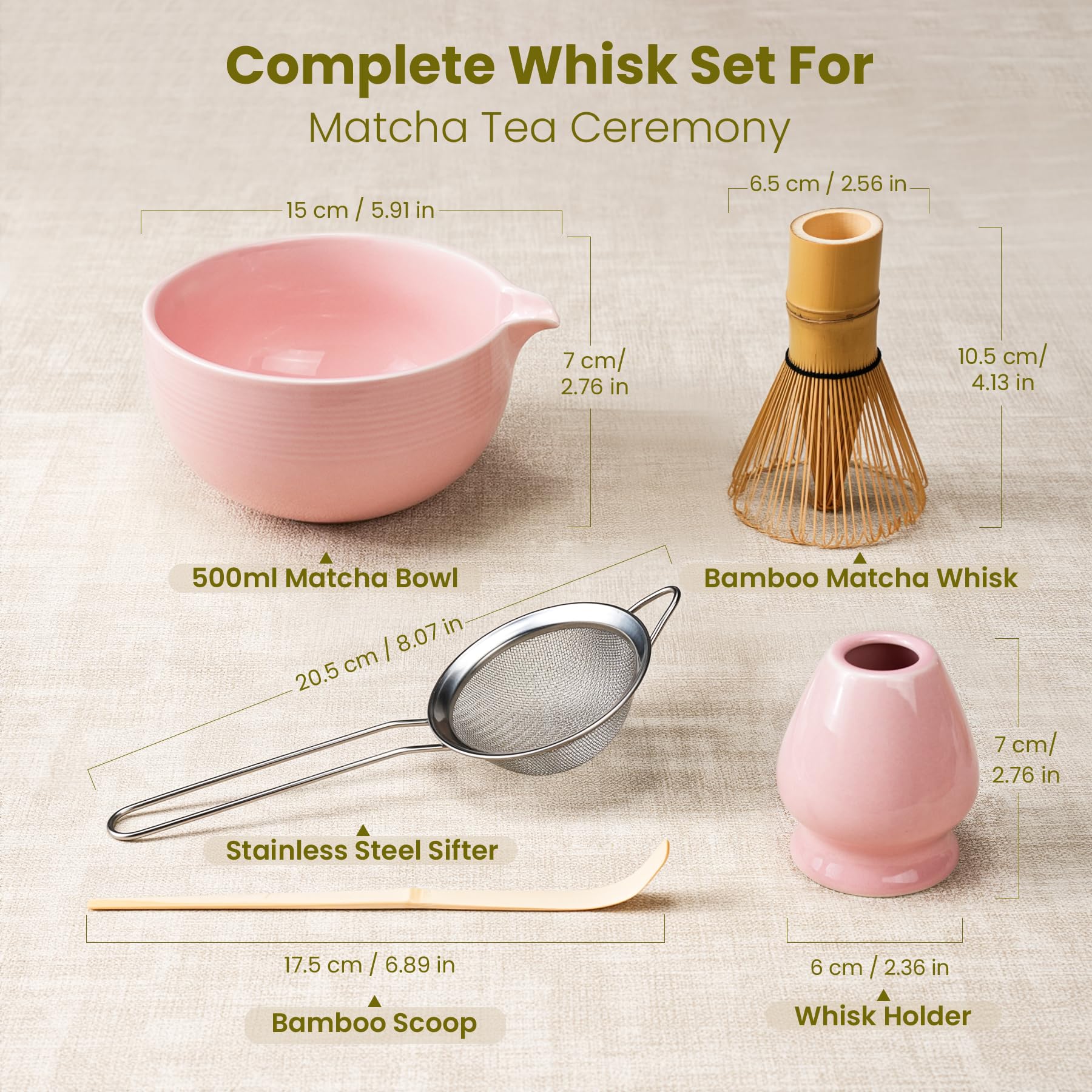 Matcha Whisk Set, Ceramic Bowl Matcha Kit & Handcrafted Bamboo Chasen, Complete 5 Pcs Matcha Set Whisk and Bowl, Stainless Steel Sifter, Bamboo Scoop & Holder for Matcha Lovers