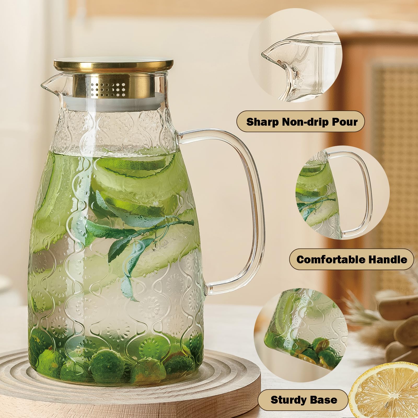 Buaic Glass Pitcher with Lid, 2 PACK 68 oz/2 Liter Vintage Water Pitcher