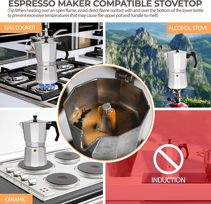 Aluminum 3 Cup 150ml Moka Pot Express Coffee Maker Stovetop Espresso Percolator Coffeemaker Italian Classic Style Brewing Greca Cafe Mocha Machine for Cafeteras Lover Camping Travel and Home Use 5oz