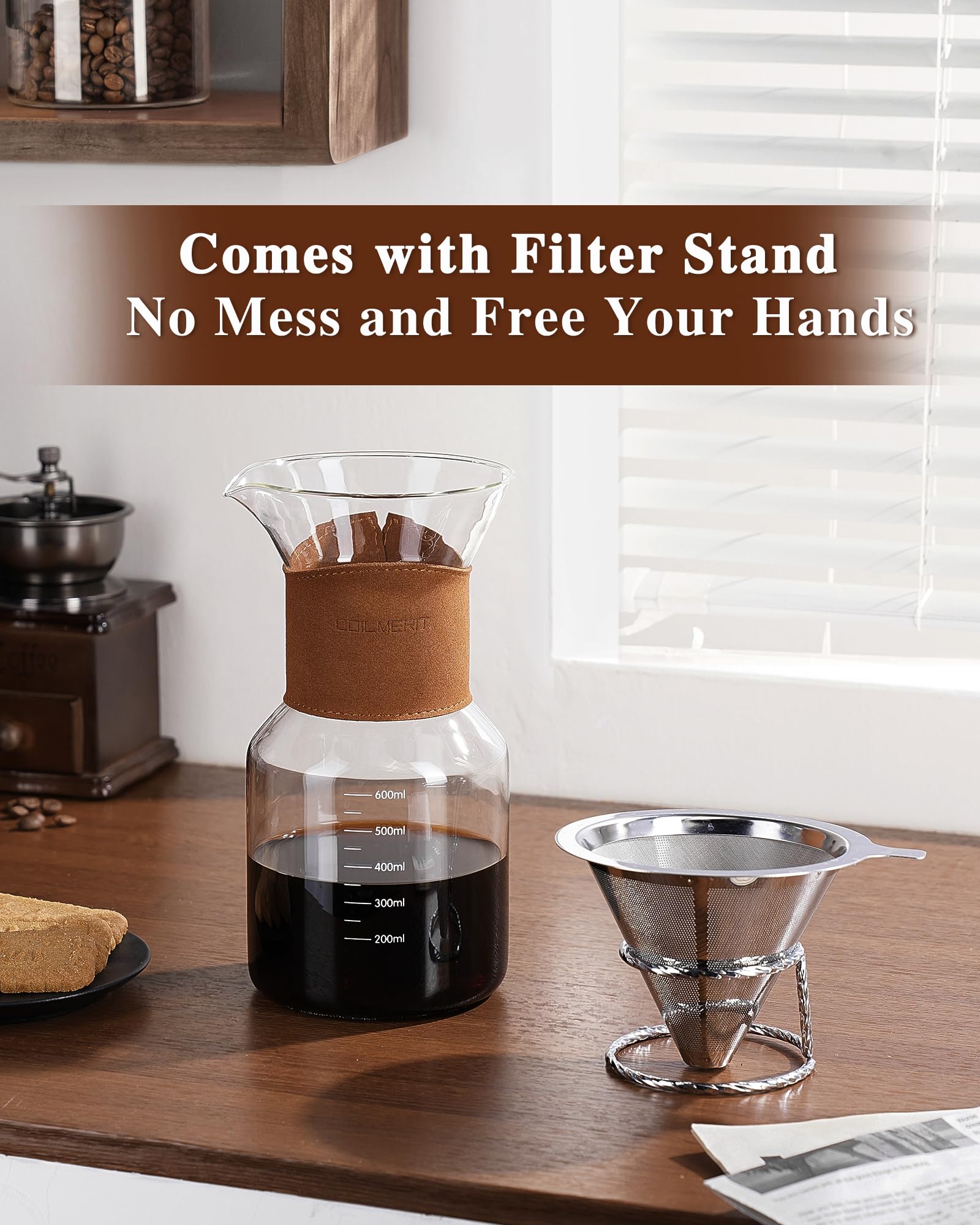 Pour Over Coffee Maker with Double-Layer Stainless Steel Filter, 20 oz Pour Over Coffee Dripper, Glass Carafe with Vintage Leather Collar and Cork Lid & Filter Stand for Espresso