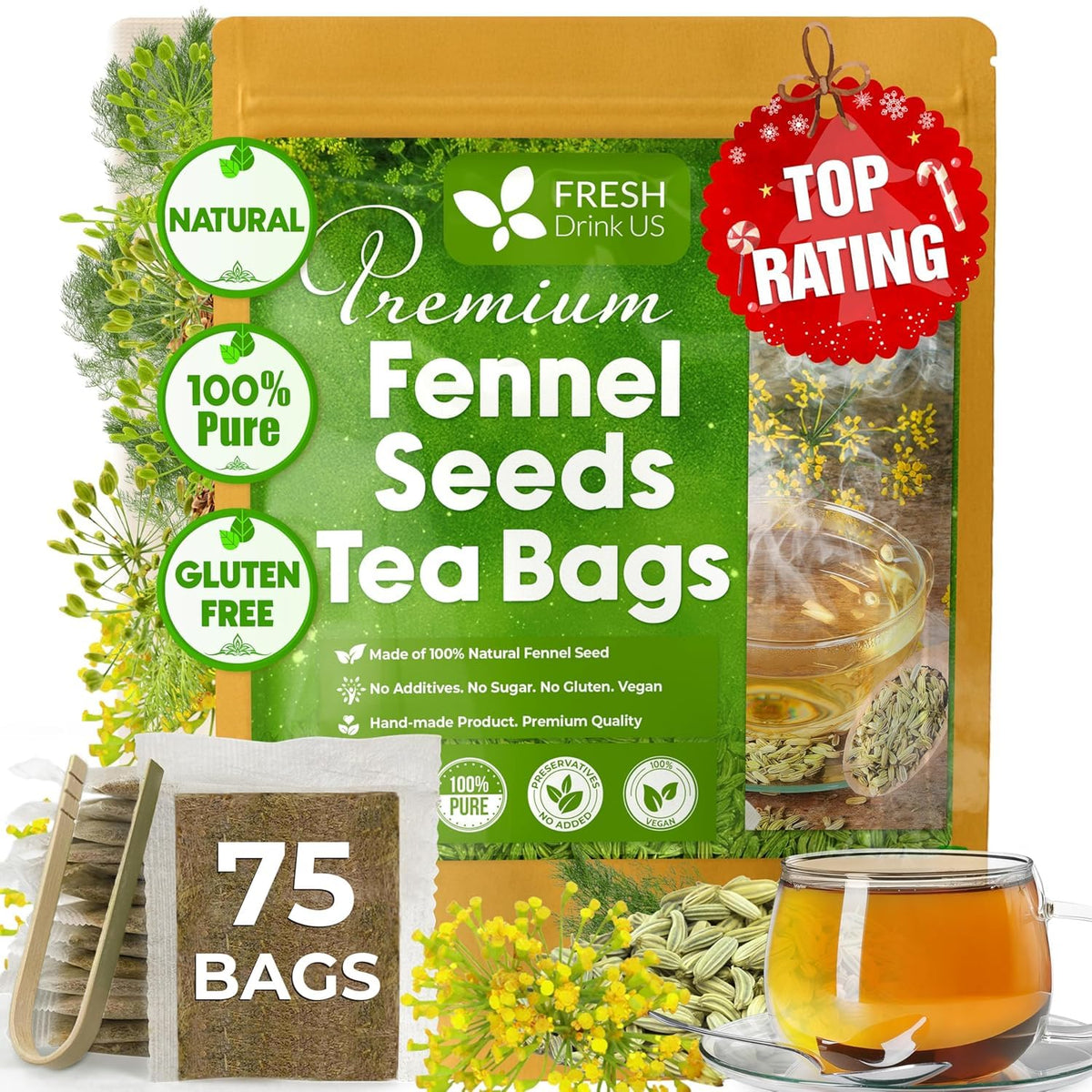FreshDrinkUS, Premium Fennel Seed Tea, 75 Count, Pure, Caffeine Free