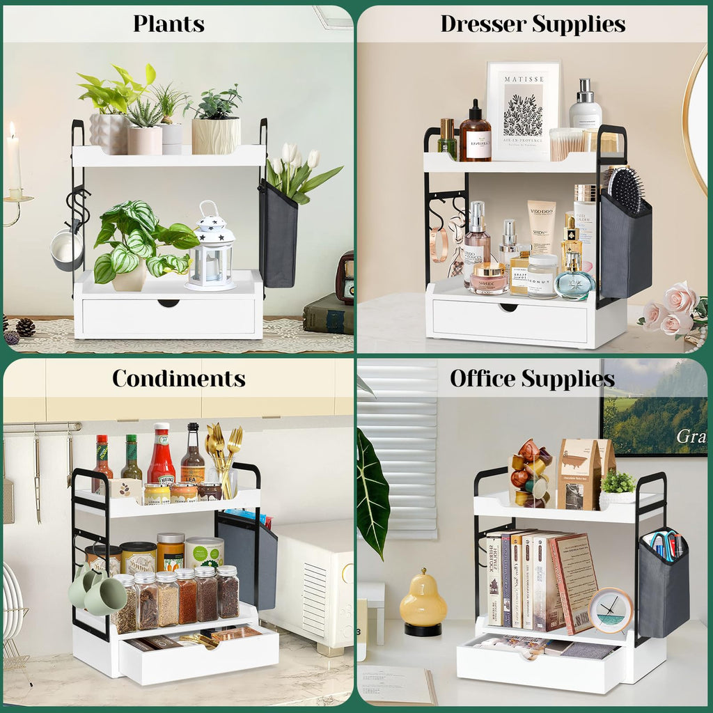Coffee Station Organizer for Counter, Condiment Storage Caddy for Kitchen with Hooks and Bag,2 Tier Wooden Shelf for Coffee Bar Accessories,Coffee Bar Organizer for Kitchen, Home, Office-White
