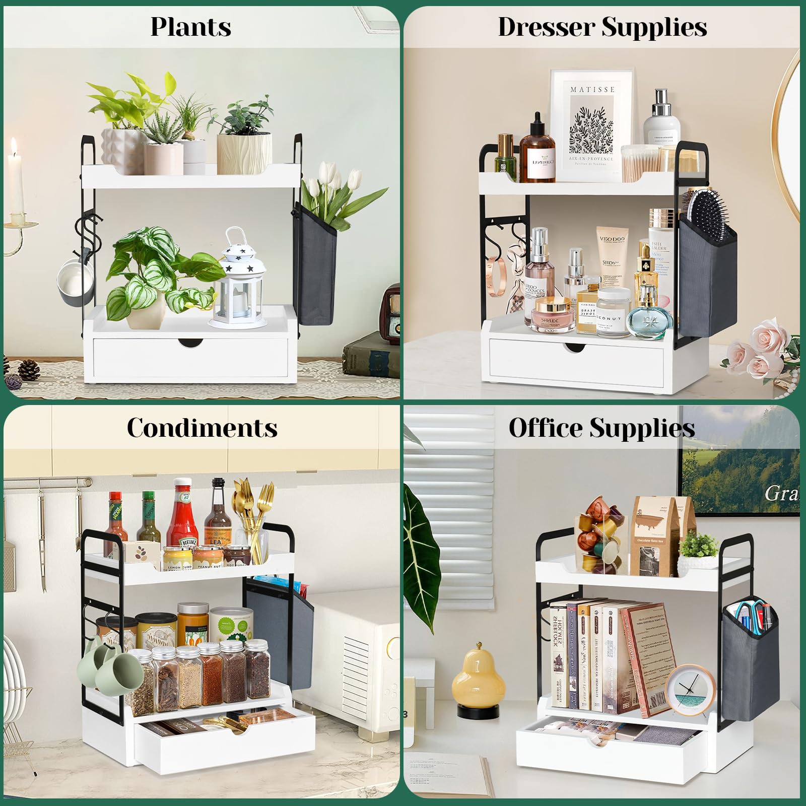 Coffee Station Organizer for Counter, Condiment Storage Caddy for Kitchen with Hooks and Bag,2 Tier Wooden Shelf for Coffee Bar Accessories,Coffee Bar Organizer for Kitchen, Home, Office-White