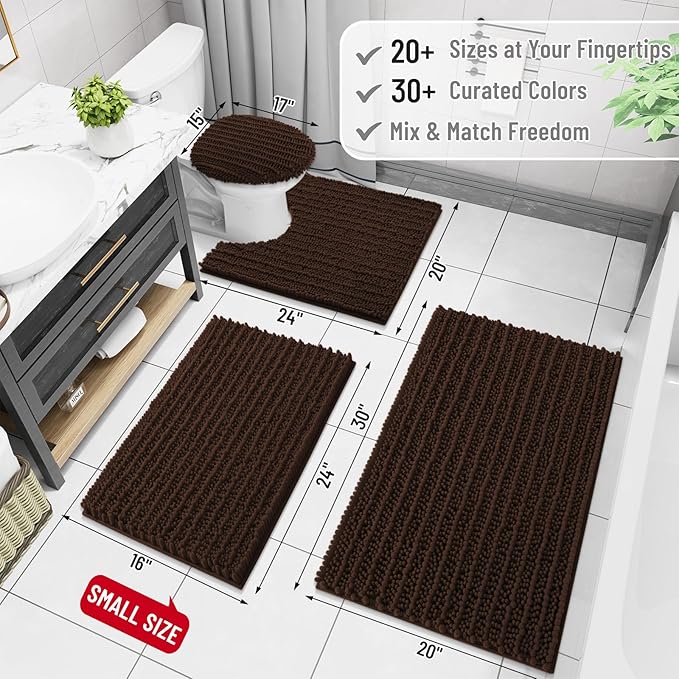 Arotive Luxury Chenille Bathroom Rug Mat, Extra Soft Thick Absorbent Shaggy Bath Rugs, Non-Slip Machine Wash Dry, Plush Bath Mats for Bathroom, Shower and Tub, 50x30, Brown