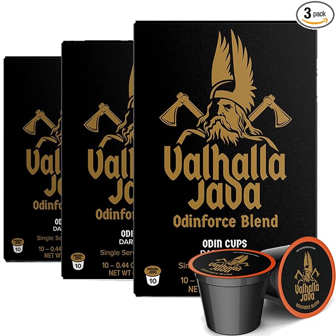 Death Wish Coffee Valhalla Java Single Serve Pods - Extra Kick of Caffeine - Medium Roast Coffee Pods - Made with USDA Certified Organic Fair Trade Arabica and Robusta Beans 10 Count (pack of 1)