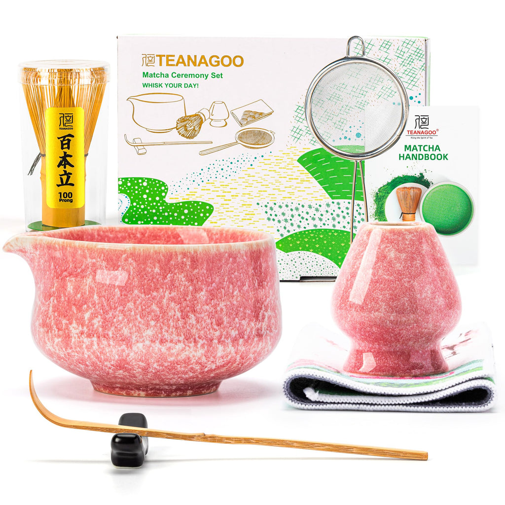 TEANAGOO Matcha Whisk Set,7 Pcs Matcha Set Pink for Making Latte,Ceramic Bowl(chawan) whith Spout and Whisk,Gift for Friend/Family
