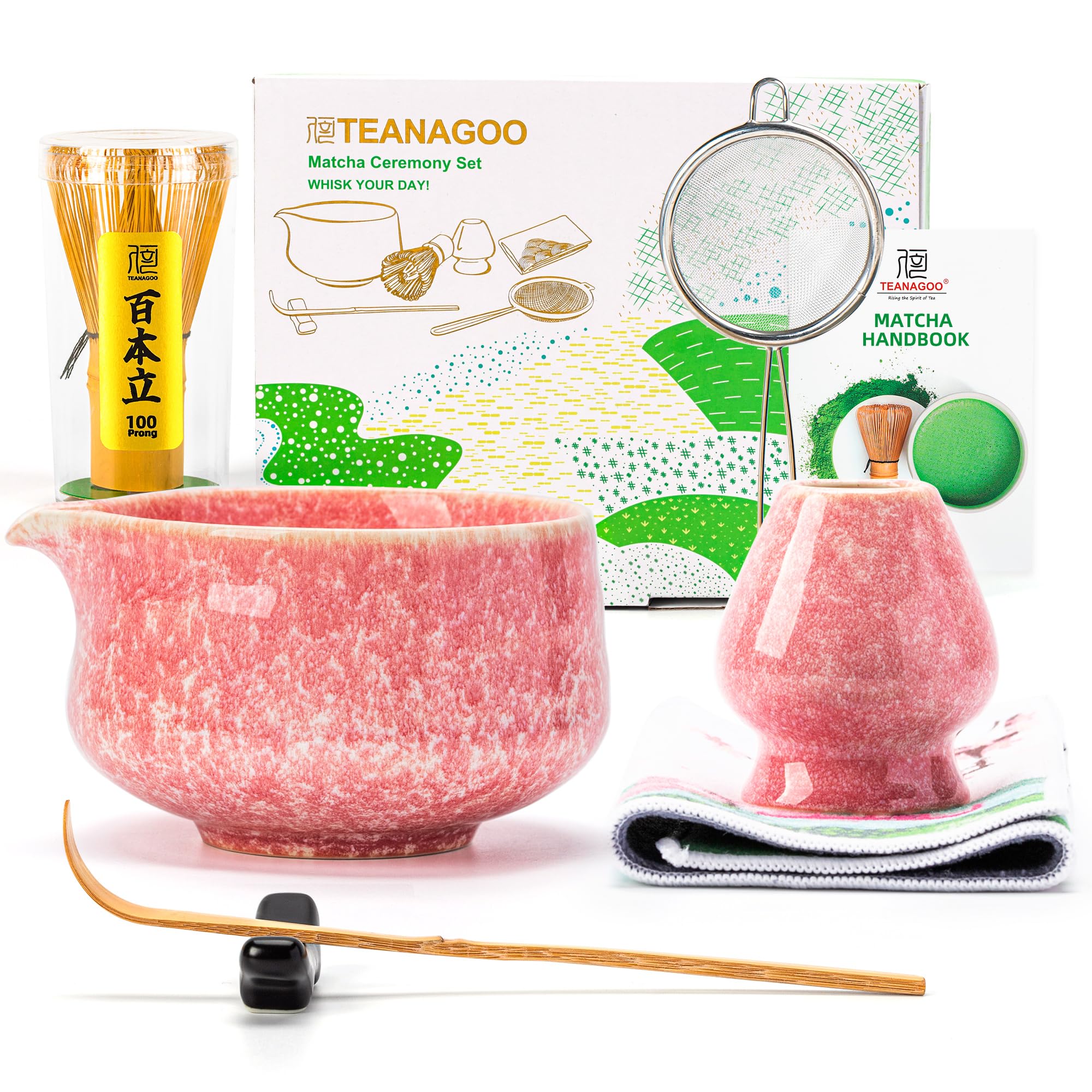 TEANAGOO Matcha Whisk Set,7 Pcs Matcha Set Pink for Making Latte,Ceramic Bowl(chawan) whith Spout and Whisk,Gift for Friend/Family