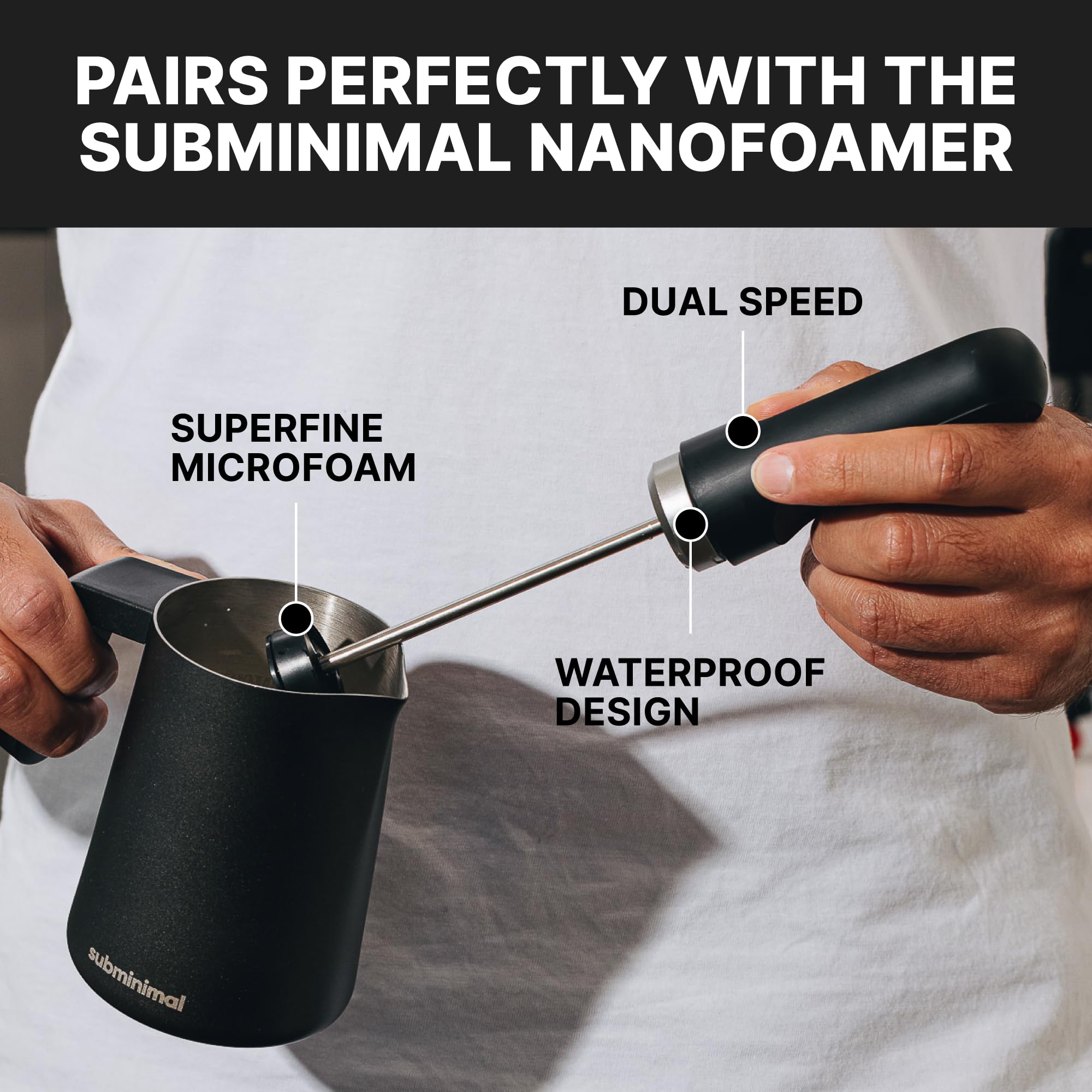 Subminimal FlowTip Milk Jug - Stovetop Milk Frothing, Foaming Pitcher for Barista-Style Coffee - Cappuccino & Latte Art Pouring Jug with Heat Resistant Handle - 450ml, Black