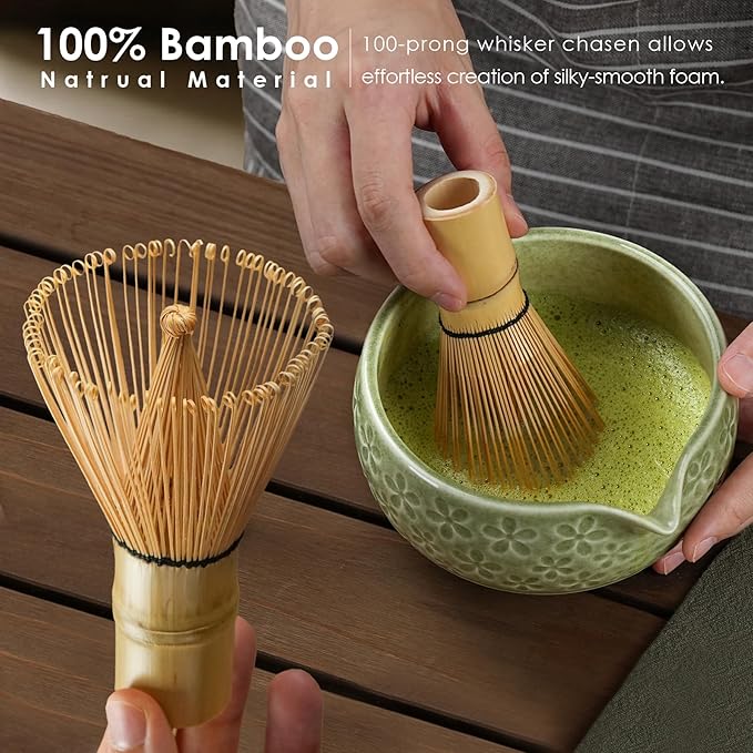 7Pcs Matcha Whisk Set, Ceramic Matcha Bowl with Spout,Bamboo Whisk and Holder, Bamboo Scoop,Scoop Rest,Sifter and Tea Towel,Matcha Kit w/Cherry Blossom Carved Pattern (Mottled Green)