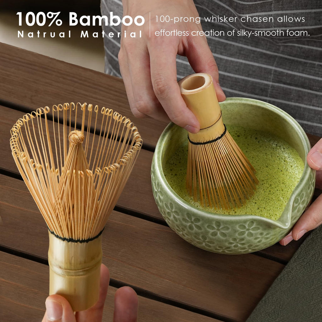 7Pcs Matcha Whisk Set, Matcha Set Whisk and Bowl,Bamboo Scoop, Scoop Rest, Sifter and Tea Towel, Matcha Kit W/Carved Cherry Blossm Pattern for Matcha Lovers (Sakura Green)