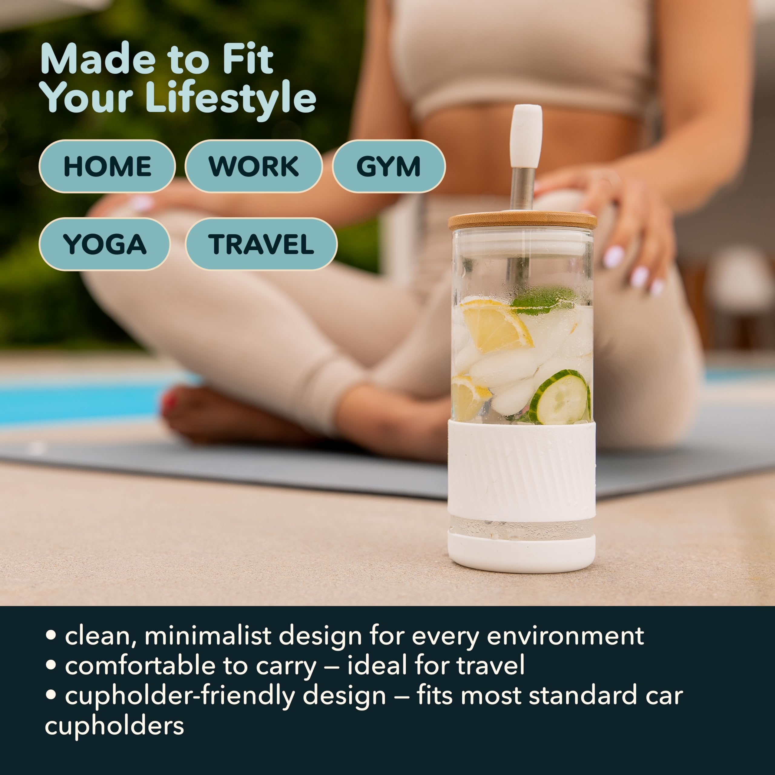 Pandaloo® Glass Cups With Lids and Straws -20 Fl Oz- Perfect Size Iced Coffee Cup - Smoothie Cup With Bamboo Lid and On the go Lid - Glass Tumbler With Straw (2 Count (Pack of 1), Amber Sand)