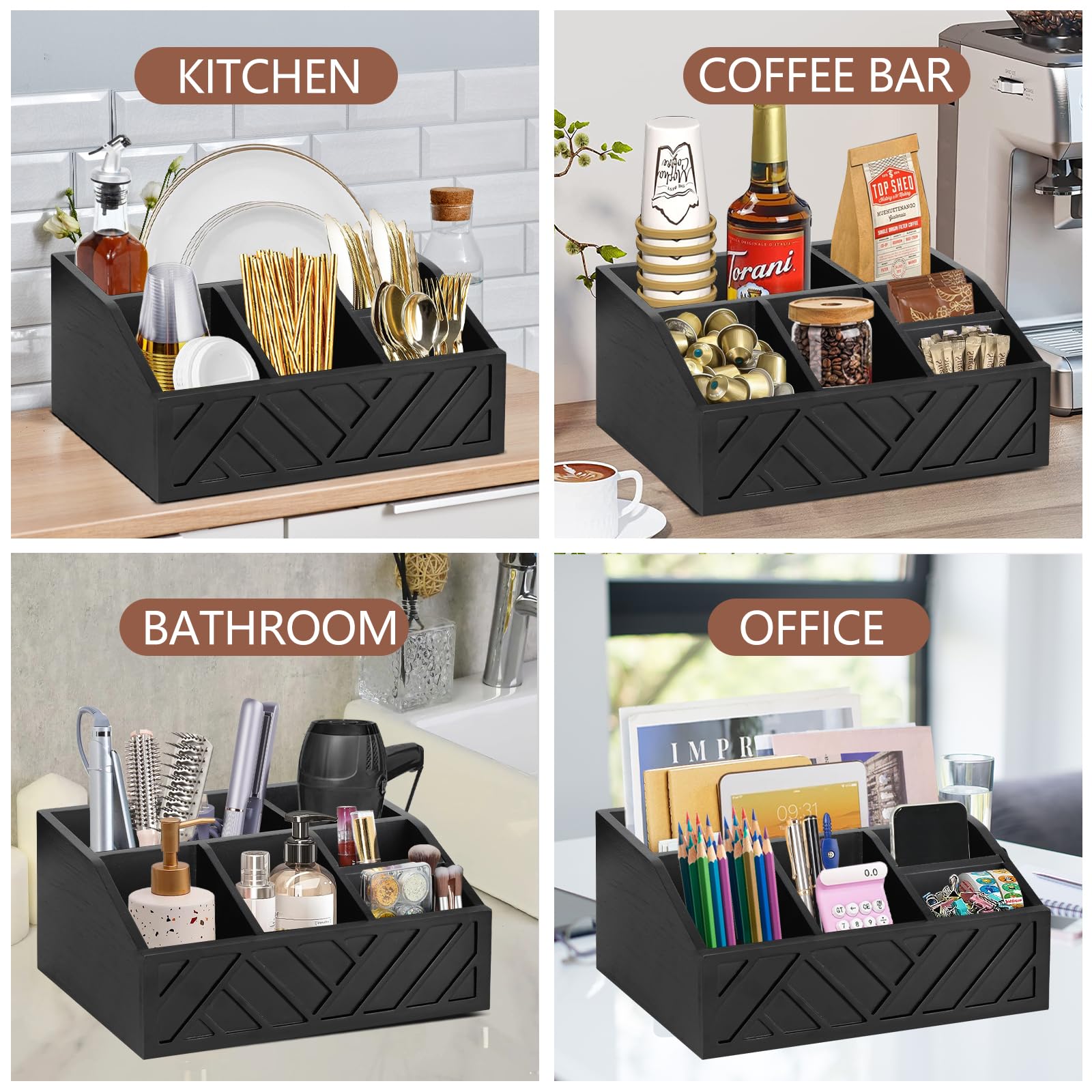 Ukonvi Coffee Pod Holder and Bar Accessories, Wood Station Organizer for Decor, Syrup and Condiment Organizer, Black