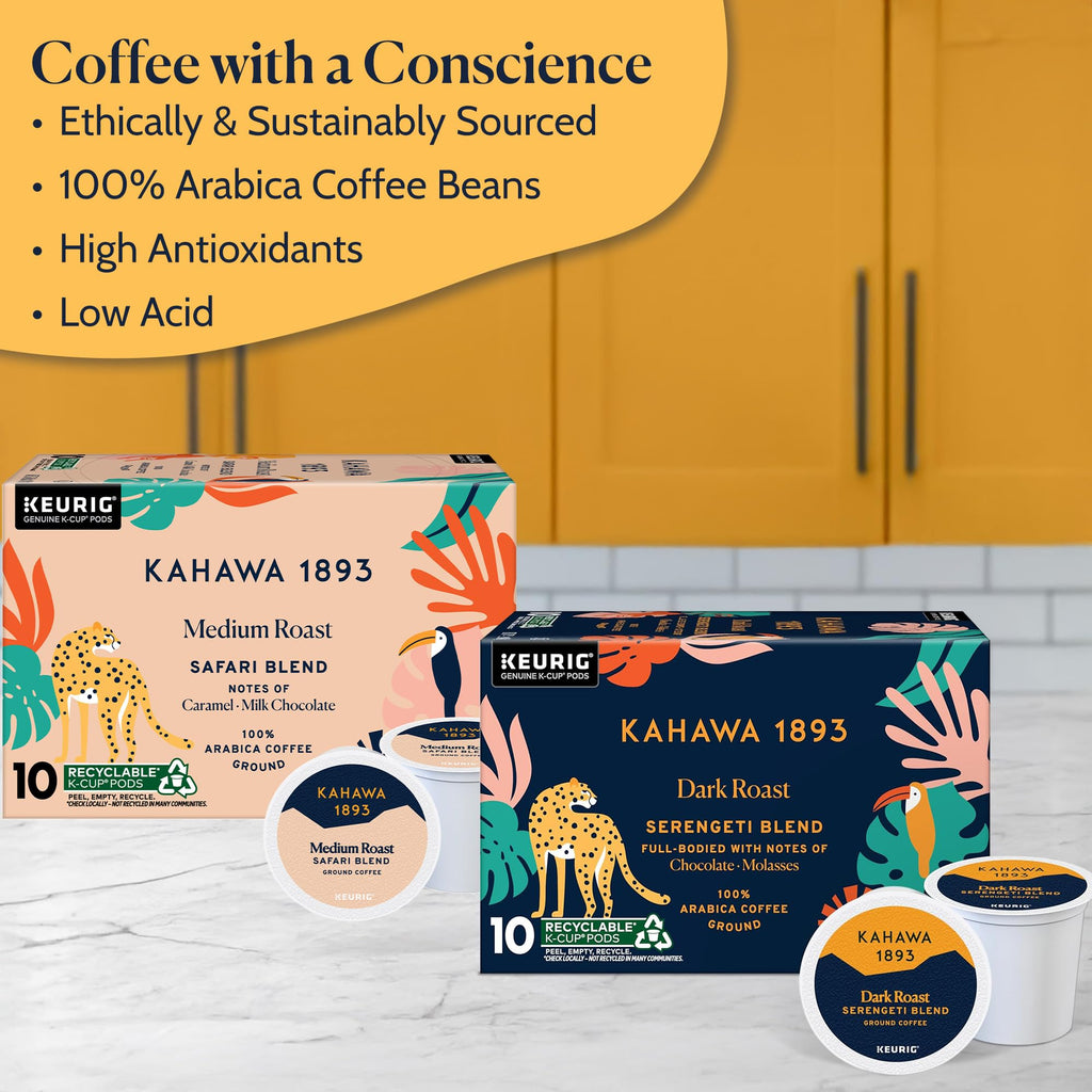 Kahawa 1893 Variety Pack Coffee K-Cup Pods - Safari & Serengeti Blend (40 Count) - As Seen on Shark Tank, 1 Box Medium Roast + 1 Box Dark Roast, Ethically & Sustainably Sourced